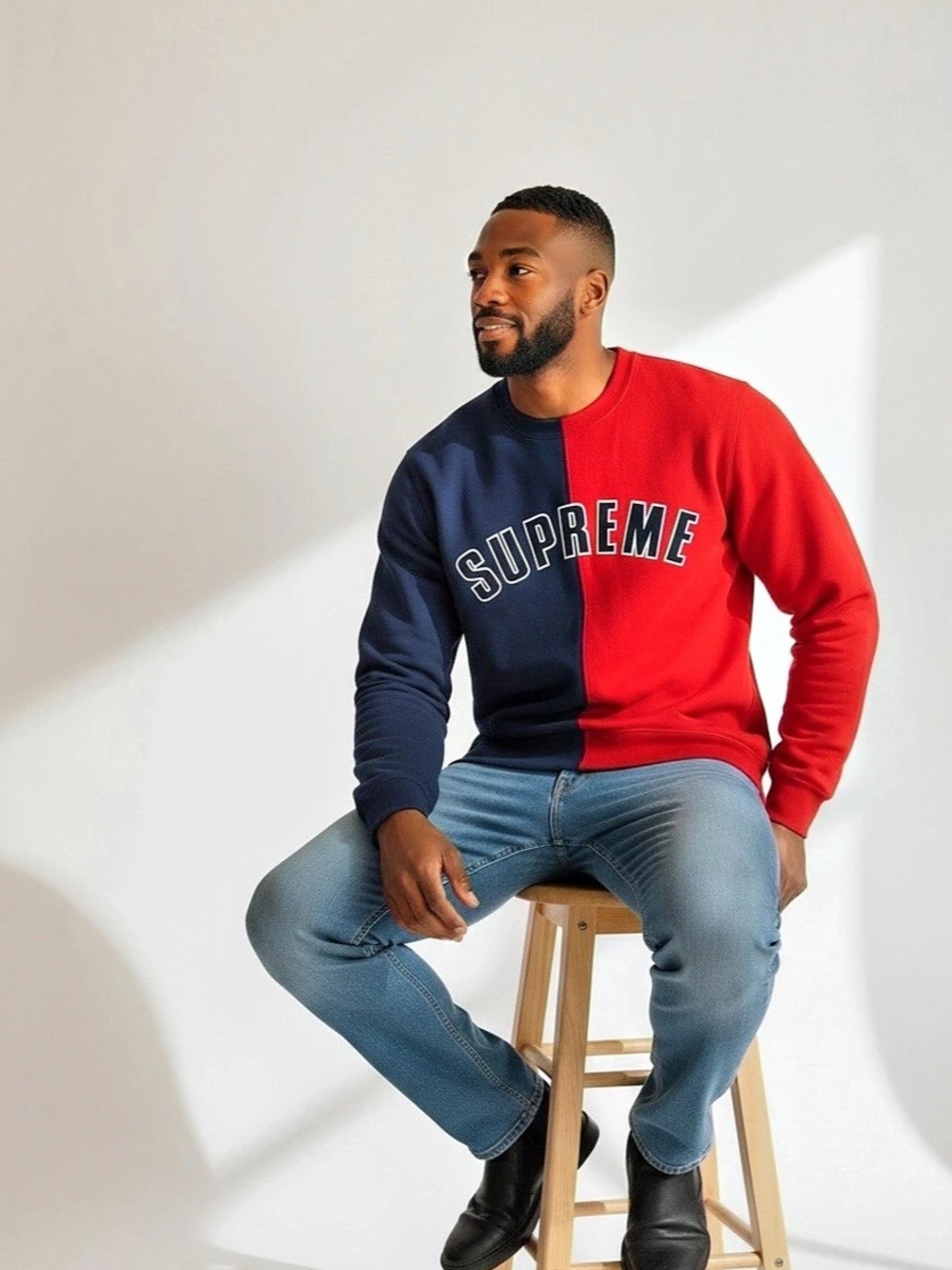 Supreme Split Crewneck Sweatshirt Navy/Red, size L